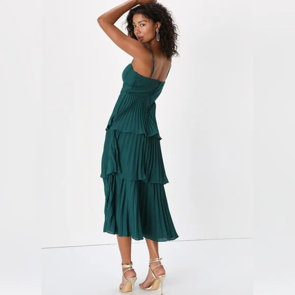 #184 Lulus Cascading Crush Emerald Tiered Bustier Midi Dress - Picture 2 of 4